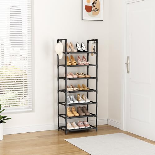 LANTEFUL 7 Tiers Shoe Rack 18-20 Pairs Boots Organizer Storage Sturdy Narrow Shoe Shelf for Entryway, Closets with Hooks, Black - color: Black, size: 7 Tier-47.6" High-17" Wide