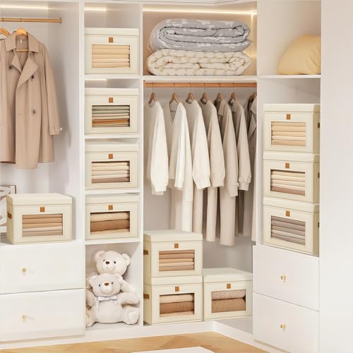 Homsorout Small Fabric Storage bins - Collapsible Storage Bins with Open Window, 3 Pack Closet Baskets for Shelves, Stackable Decorative Boxes for Home, Dorm, Beige, 13.7"x 9.8" x 9.8" - color: Beige, size: Small - 3 Pack