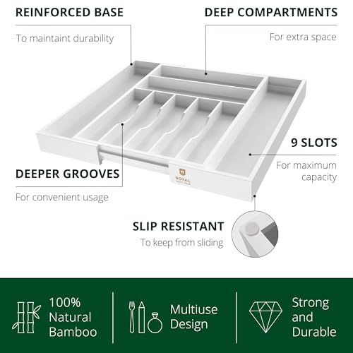 ROYAL CRAFT WOOD Luxury Bamboo Kitchen Drawer Organizer - Silverware Organizer - Utensil Holder and Cutlery Tray with Grooved Drawer Dividers for Flatware and Kitchen Utensils (9 Slot, White) - color: White, size: 9 Slot