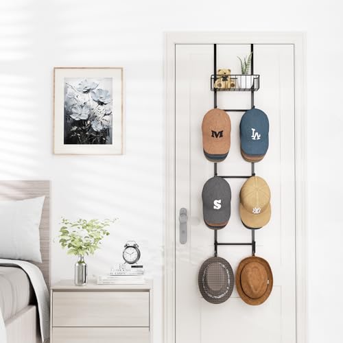 HapiRm Over Door Hat Rack - 2 Packs Wall Mounted Hat Holder with 6 Hooks and Metal Basket Design, Baseball Cap Organizer Storage Up to 32 Caps for Door, Bedroom, Closet, Black - color: Black, size: 2 Pack