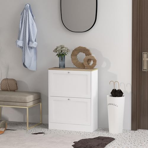 HOMCOM Slim Shoe Cabinet for Entryway, Modern Hidden Shoe Storage Cabinet with 2 Flip Drawers and Adjustable Shelves for 8-12 Pairs of Shoes, White - color: White, size: 23.6" x 9.3" x 31.5"