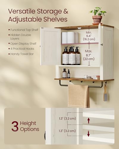 VASAGLE LIRY Collection - Bathroom Wall Cabinet, Farmhouse Wall-Mounted Medicine Storage Cabinet with 2 Barn Doors, Adjustable Shelf, Towel Bar, 7.9 x 23.6 x 28.7 Inches, Rustic White UBBK131W01S - size: 7.9"D x 23.6"W x 28.7"H