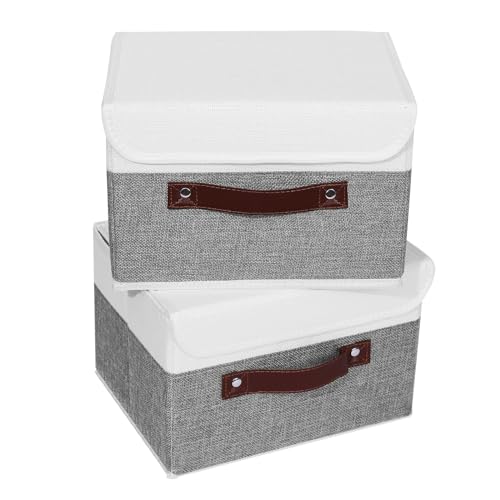 ANMINY 2PCS Storage Boxes with Lid Washable Decorative Storage Bins Basket with PU Leather Handle Foldable Linen Fabric Storage Cubes Containers for Home Closet Organizer - Gray White, Small Size - color: Gray White, size: Small (Pack of 2)