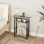 Vagusicc Narrow Side Table with Charging Station, Skinny Side End Table for Couch, 3-Tier Small End Tables for Small Spaces, 25.2" Tall Slim Nightstand Bedside Table for Living Room, Bedroom, Greige - color: Greige, style: With Plug