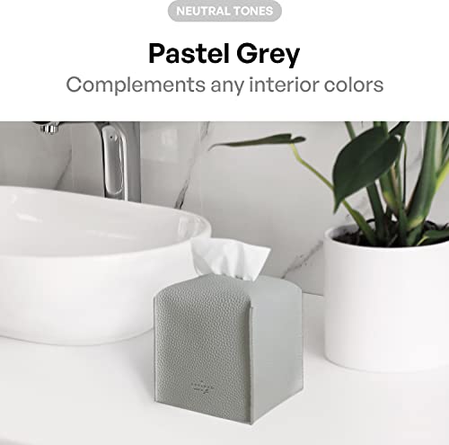 Carrotez Tissue Box Cover, [Refined] Modern PU Leather Square Tissue Box Holder - Decorative Organizer for Bathroom Vanity Countertop, Night Stands, Office Desk & Car 5"X5"X5" - Pastel Grey - color: Pastel Grey, size: [Square]