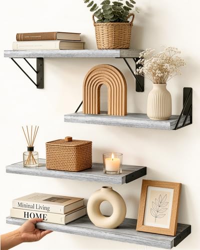 BAYKA Wall Shelves for Bedroom Decor, Floating Shelves for Living Room Kitchen Storage, Wall Mounted Rustic Wood Floating Shelves for Kids Books, Corner Shelf for Bathroom(Gray White，Set of 4) - color: E. Gray White Board & Black Brackets, size: 16-inch M