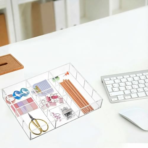 Briwooody Acrylic Drawer Organizer Clear Desk Drawer Organizer Trays with Adjustable Compartments Desk Accessories for Office Stationery Makeup Silverware Bathroom (Non Expandable) - style: Non Expandable