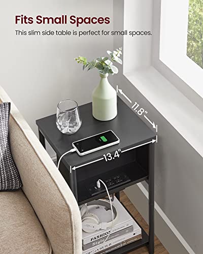 VASAGLE Side Table with Charging Station, 3-Tier End Table with USB Ports and Outlets, Nightstand for Living Room, Bedroom, 11.8 x 13.4 x 22.8 Inches, Plug-in Series, Black - color: Black