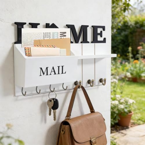 Rustic Wall Key Holder with Shelf & Hooks - Wall Mounted Mail Organizer for Entryway | Wooden Key Rack for Keys, Coats, Dog Leash-White - color: White