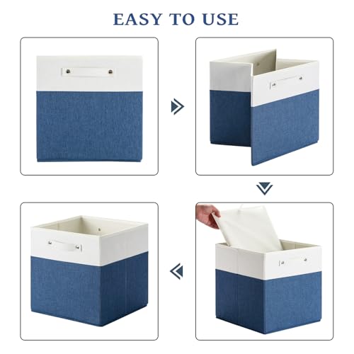 FinishingBo 13 x 13 Inch Fine Linen Storage Bins with Handles，Fabric Cube Boxs，Basket Organizers for Shelves for Home, Closet Drawers (White/Blue-6 Pack) - color: White/Blue-6 Pack