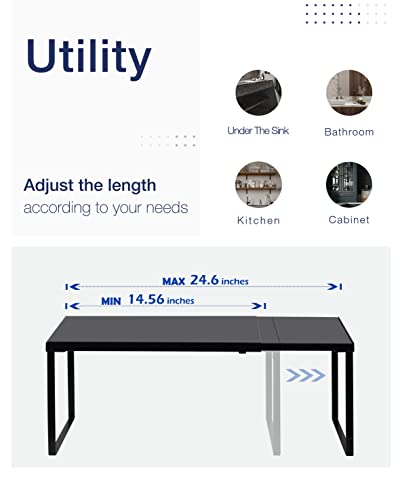 Nxconsu Cabinet Shelf Expandable Organizer Riser Rack for Kitchen Pantry Cupboard Under Sink Countertop Home Organization Extra Storage Space Saver Heavy Duty Metal Edgeless Design Black Large - color: Black, size: 10’’D * 14.56-24.6’’W * 8.46’’H