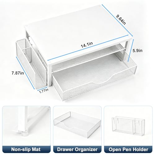 Spacrea Desk Organizer and Accessories, Computer Monitor Stand Riser with Drawer and 1 Open Pen Holder, Printer & Laptop Stand, Office Desk Accessories for Home Office Supplies (White) - color: White - Metal Drawer