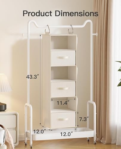 Pipishell Hanging Closet Organizer 6-Shelf, Hanging Shelves for Closet with 3 Removable Drawers & Side Pockets for Bedroom, Garment Rack and Wardrobe Organization, 12' x 12' x 43.3', White - color: White