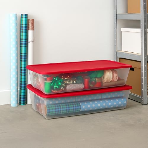 HOMZ 2-Pack Holiday Tote, Clear Plastic Storage Organizer Bins with Lids, 41 Quart, Red - Stackable Organizing Containers for Christmas Ornament Decorations, Gift Wraps, and Crafts - size: 2 Pack