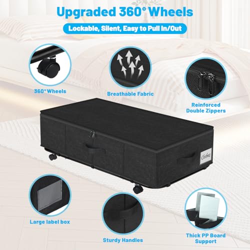 Large Sturdy Under Bed Storage with Wheels, 2 Pack 50L Rolling Underbed Storage Bins, Under Bed Containers Drawer with Metal Bottom Support, Bedroom Organizer with Lids for Clothes, Shoes, Blankets - color: Black-2 Pack, size: 9 Inch Tall - Regular Lid