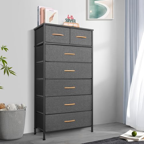Mifuro Tall Dresser for Bedroom, Vertical Storage Organizer Tower with 7 Drawers, Chest of Drawers with Fabric Bins, Steel Frame, Wood Top for Bedroom, Closet, Entryway- Grey - color: Grey, size: 7 Drawers