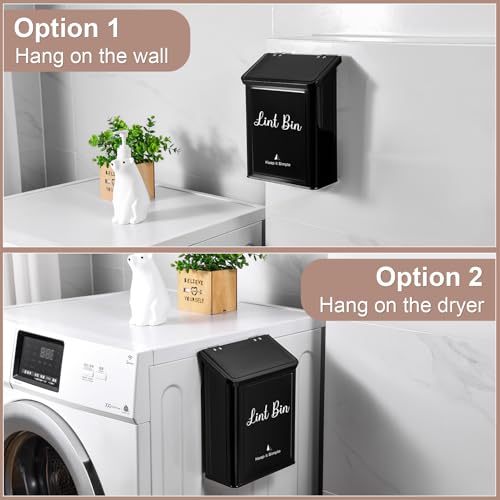 SUBEKYU Metal Magnetic Lint Bin for Laundry Room, Wall Mounted Lint Box Holder Trash Can with Lid for Dryer, Black - color: Black