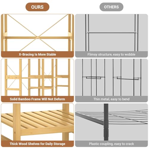 Homykic Bamboo Closet System Clothes Rack, Large Freestanding Garment Rack Clothing Rack for Hanging Clothes with 7 Storage Shelves and 5 Rods, Open Wardrobe Organizer with 4 Hooks, Natural - color: Natural, size: III Large