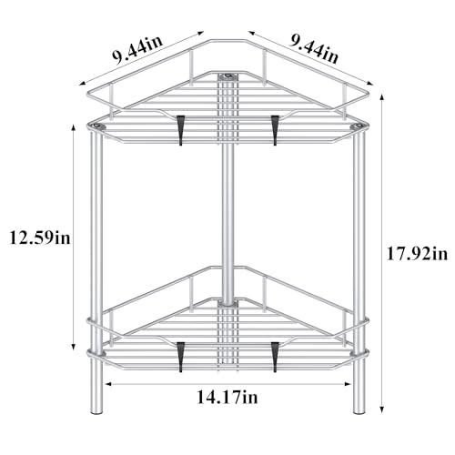 HuggieGems 2 Tier Floor Standing Corner Shower Caddy Organizer Shelf with Hooks, Bathroom Shelves Stand Rack, Silver - color: Silver, size: 2 Tier