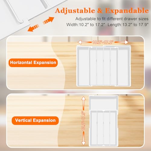 Spaclear Expandable Large Silverware Organizer - BPA-Free Utensil Organizer for Kitchen Drawer, Adjustable Silverware Drawer Organizer Flatware Cutlery Tray for Spoons Forks Knives,10.2"-17.2" Wide - color: White