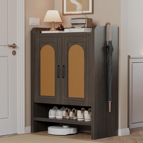 Mericonia 6-Tier Shoe Cabinet Storage for Entryway, Rattan Shoes Organizer Cabinets with Doors, Wooden Shoe Rack, Farmhouse Boho Wood Storage Cabinet (Black, 6-Tier) - color: Black, size: 6-tier