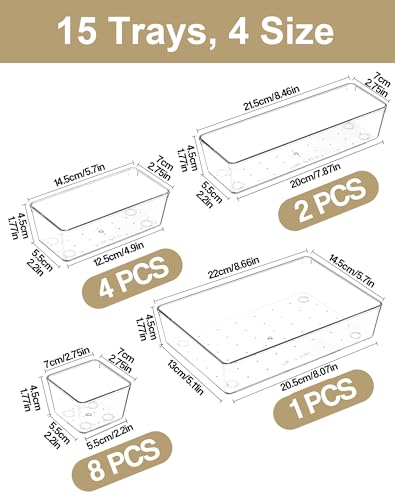 15Pcs Clear Plastic Drawer Organizers Set, 4size makeup drawer organizer trays for vanity/desk/bathroom/office/nightstand/gadgets for kitchen/desk drawer, Versatile drawer divider storage bins - size: 15Pack