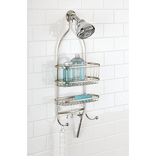 iDesign York Metal Wire Hanging Shower Caddy, Extra Wide Space for Shampoo, Conditioner, and Soap with Hooks for Razors, Towels, and More, 9.75" x 4" x 22", Satin Silver - color: Satin