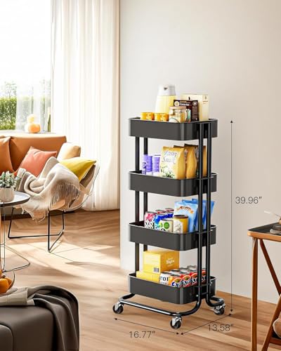 Pipishell 4 Tier Metal Rolling Utility Cart, Heavy-Duty Storage Rolling Cart with 2 Lockable Wheels, Multifunctional Mesh Organization Utility Cart for Kitchen Dining Room Living Room, PIUC13B - color: Black, size: 4 Tier