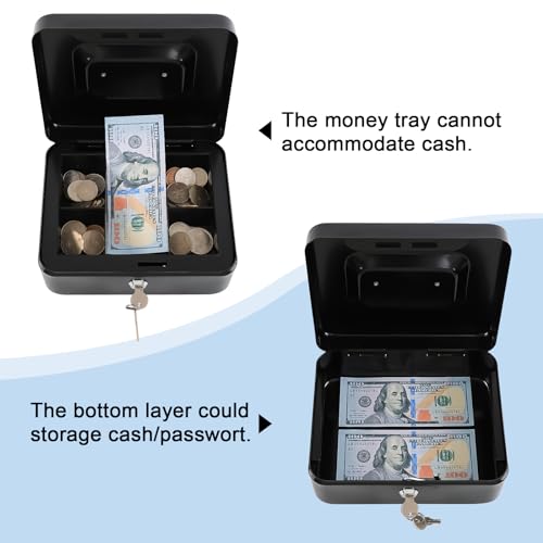KYODOLED Medium Cash Box with Removable Money Tray, Key Lock Metal Storage Box with 2 Keys & Portable Handle, Safe Cash Drawer, 7.87"x 6.30"x 3.54", Black - color: Black, size: Medium
