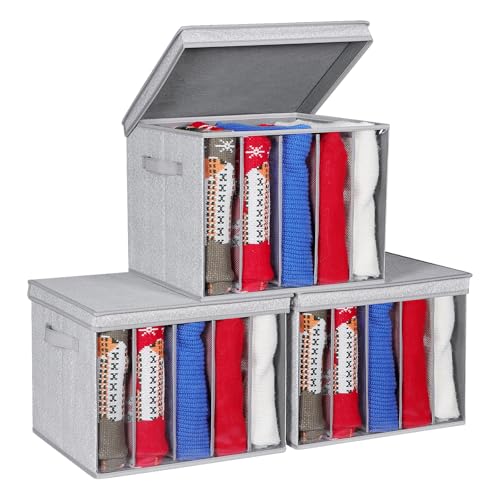 Zilink Upgraded Sweater Storage for Closet Shelf with Lids and Support Boards Clothes Organizer for Closet with 5 Grids Divider Sweater Organizers for Sweaters, Jeans, Pants, Grey Pattern, 3 Pack - color: Grey Pattern - For Sweater