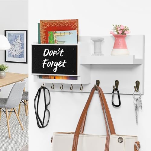 Decorative Key Hanging Rack with 8 Hooks – Easy Install Natural Wooden Key and Mail Holder for Wall Mount – Sunglasses Wallet Holder Entryway Decor with Shelf and Chalkboard (White) - color: White