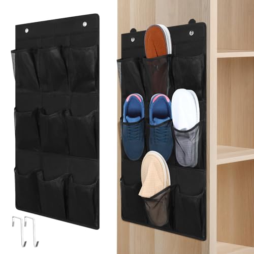 Dansydaisy 2 Pack 18 Pocket Wall Hanging Shoe Rack for Closet RV Shoe Storage with 8 Hooks over the Door Shoes Holder Organizer for Bathroom, RV, Pantry, Camping(Black) - color: Black