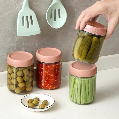NETANY 6-pack 16oz Glass jars with Airtight Lids, Overnight Oats Containers with Lids, Wide mouth Mason Salad jars, Glass Food Storage Containers for Snacks Yogurt Spice Sugar-Pink - color: Pink-6pack-16oz