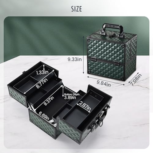 FRENESSA Makeup Case Makeup Box Cosmetic Train Cases Portable Make Up Artist Travel Case Storage Box 4 Trays with Dividers Lockable Hard Makeup Box Craft Nail Kits Case Drak Green - color: Vintage Dark Green