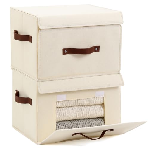 2PCS Storage Bins Box with Lids Front Opening Window Decorative Cotton Linen Fabric Basket PU Leather Handles PP Board Foldable Washable Shelf Closet Organizer Container (Beige, Large) - color: Beige, size: Large ( Pack of 2 )