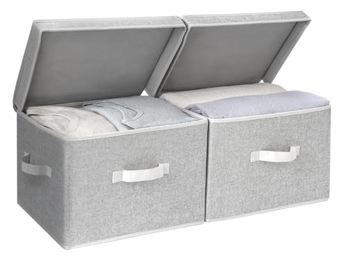 StorageWorks Fabric Storage Bins with Lid, Decorative Storage Boxes for Shelves, Stackable Closet Organizer Basket with Handles, Large, Gray, 2-Pack - color: Gray, size: Large