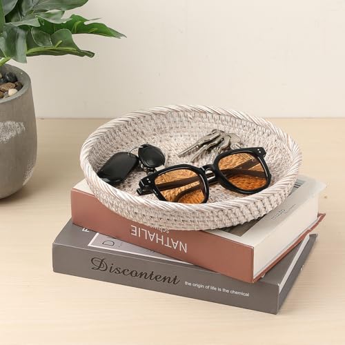 Hipiwe Round Key Bowl for Entryway, 9" Decorative Rattan Tray Woven Wicker Storage Holder Serving Basket Tray for Fruit Snacks Candy, Whitewash - color: Whitewash, size: Small, 8.6"