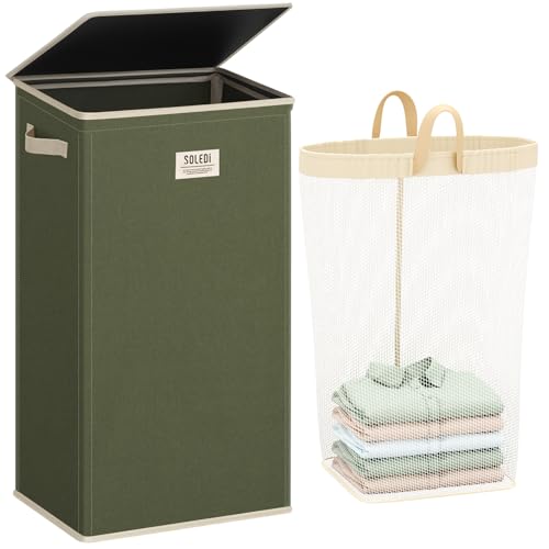 SOLEDI Laundry Hamper with Lid 100L Large & Tall Collapsible Laundry Basket, Clothes Hamper with Bag Removable Easy to Carry, Dirty Hampers for Bedroom, Bathroom, Dorm, College, Avocado - color: Avocado, size: 100L