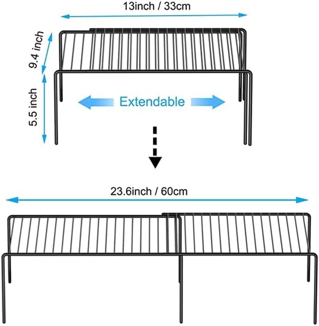 Kitchen Cabinet Expandable Shelf Organizers Set of 2, Adjustable Metal Wire Pantry Storage Shelves, Plate Dish Organizer Rack for Cabinets, Cupboard, Counter, Freezer, Countertop, Black - color: Black