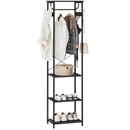 Coat Rack With Hanging Rod, Garment Rack With 3 Wooden Shelves and 4 Hooks, Freestanding Hall Tree, Industrial Clothes Rack Stand Organizer, Black - color: Black, style: with Top Shelf