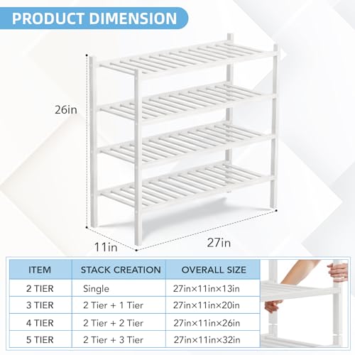 4 Tier Bamboo Shoe Rack Storage Organizer for Closet, Multifunctional Stackable Free Standing Shoe Shelf Organizer for Small Space,Entryway, Hallway, Bathroom27 x11 x26(White, 4 Tier) - color: White, size: 4 Tier