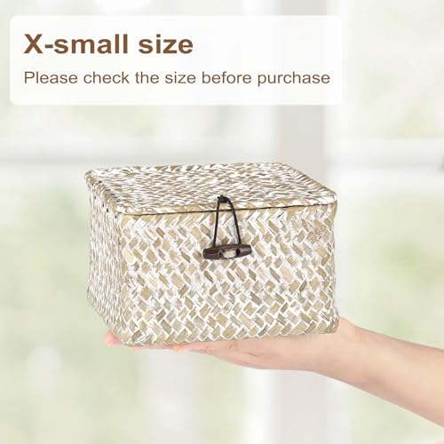 Hipiwe Wicker Shelf Baskets with Lid Handwoven Seagrass Storage Box Decorative Basket Bin Household Organizer Bin for Shelf Bathroom Coffee Table Decor Organizer, X-small - color: Whitewash color, size: X-small