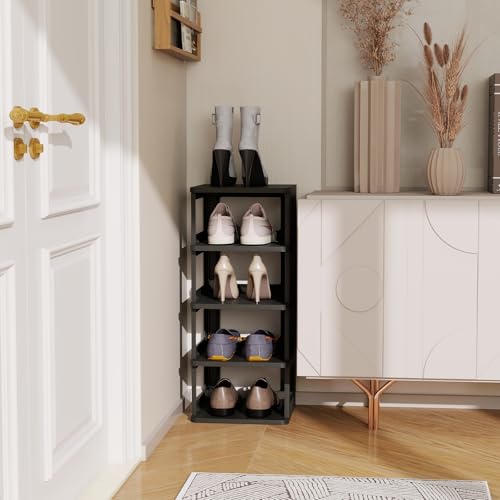 SEE SPRING 5-Tier Stackable Shoe Rack Organizer – Plastic Shoe Storage Shelf for Entryway, Closet, Bedroom – Holds Size 13 Shoes, Space-Saving & Sturdy (Black) - color: Black