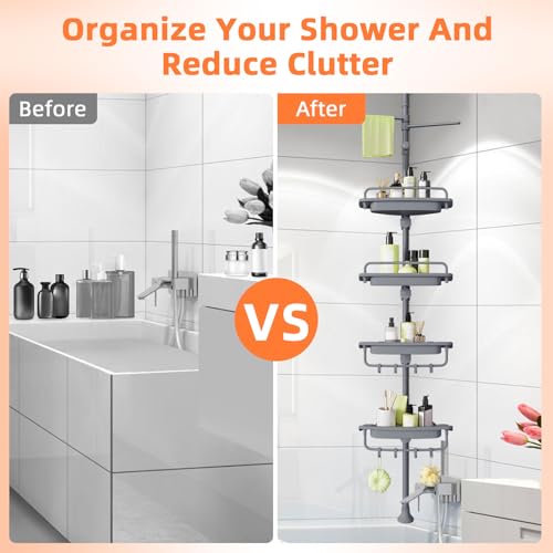 XLHOMO 32-122inch Corner Shower Caddy Tension Pole Grey, Rustproof Drill-Free Shower Shelves for Bathroom Bathtub Washbasin, Adjustable Shower Organizer with 4 Tier Patent Stable Shelves & Towel Bars - color: Grey