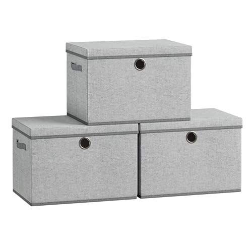 SONGMICS Storage Bins with Lids, 3 Pack Stackable Fabric Storage Boxes, Odorless PP Sheets, Foldable Cube Baskets Organizers with Handles, 16.9 x 11.8 x 11.8 Inches, Dove Gray URFB545GD01 - color: Dove Gray, size: 16.9"L x 11.8"W x 11.8"H
