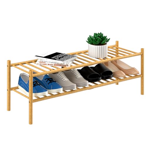 ROMGUAR CRAFT 2-Tier Bamboo Long Shoe Rack, Free Standing Wood Shoe Shelf Storage Organizer for Closet Entryway Stackable 35"x11"x13" (Natural) - color: Natural, size: 2-Tier(Long)