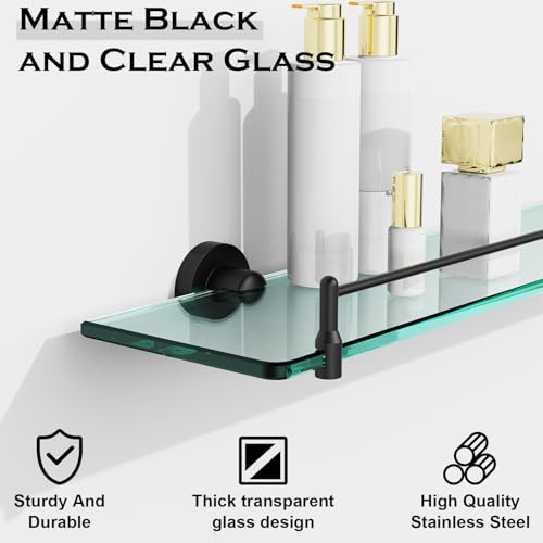 24 Inch Glass Bathroom Shelves,Matte Black Floating Shelves for Wall Rectangular Modern Stainless Steel Glass Shelf for Bathroom Shelves Wall Mounted - color: Matte Black, size: 24"with railing