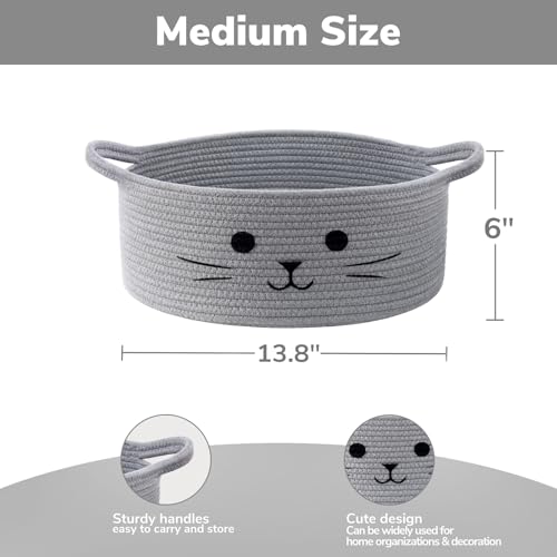 13.8" x 6" Cat Toy Basket, Woven Basket for Living Room Home Décor, Medium Empty Gift Baskets for Nursery, Cotton Rope Baskets for Cats Bed, Grey - color: Gray, size: 13.8"W x 6"H