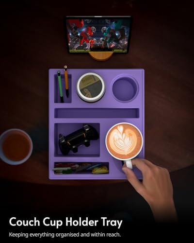 Couch Cup Holder Tray - Couch Organizer Caddy, Silicone Beach Caddy with Cup Holder, Sofa and Bed Drink Holder and Couch Tray Table for Snacks Beverage Remote (Purple) - color: Purple