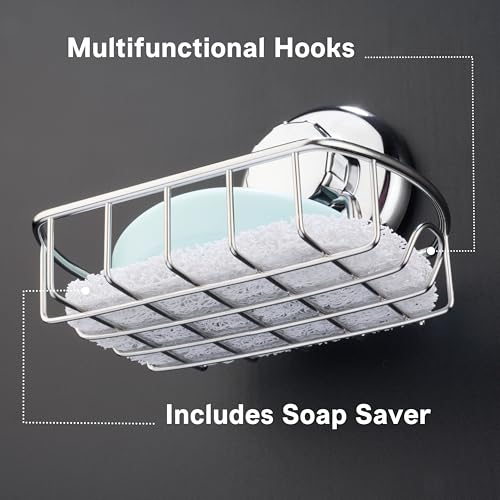 HASKO Suction Cup Soap Dish for Shower Wall, Rustproof Stainless Steel Shower Soap Holder for Bathroom with Hooks and Soap Saver, Includes Optional No Drill Adhesive Mount, Silver - color: Silver